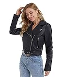 DIASHINY Schwarze Kunstlederjacke für Damen mit Gürtel PU Cropped Moto Biker Coat Motorrad Crop...