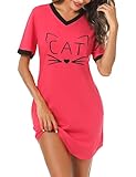 Litherday Nachthemd Damen Kurz Nachtwäsche Baumwolle Loungewear Katze Nachtkleid Negligee Kurze...