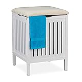 Relaxdays Wäschekorb mit Sitz, Landhausstil, 40 l Wäschesammler, Holz & Stoff, Badhocker HxBxT: 55...