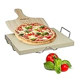 Relaxdays Pizzastein Set 3 cm Stärke mit Metallhalter und Pizzaschieber aus Holz HBT: 38x 30x 3cm...