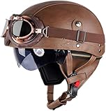 Retro Helm Motorradhelm Lederhelm Jethelme Vintage Mopedhelm Mit Brille ECE Zertifiziert...