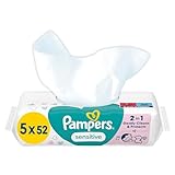 Pampers Sensitive Feuchttücher 5 Packungen mit 52 Stück - 260 Feuchttücher, ohne Duft, für eine...