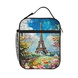 Isolierte Lunchtasche Eiffelturm Paris Blumen Tragbar Picknicktasche Faltbar Kühlbox für Picknick...