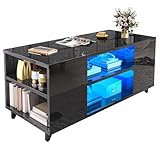 YITAHOME Couchtisch Schwarz Hochglanz, Modern Wohnzimmertisch mit 16-Farbiger LED Beleuchtung Sofa...