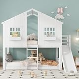 I0I&I0I Kinder-Etagenbett 90x200cm mit Rutsche, Dach, Fenstern, Fallschutzgitter, Leiter, Flexibler...