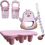 MIMITO Baby Fruchtsauger Set – 2 Silikon Food Feeder + Gefrierschale + Pinguin Beißring BPA-frei...