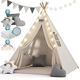 Spielwerk® Tipi Zelt für Kinder Indoor 130x130cm Set mit Bodenmatte Weiß Grau Kinderzelt...