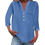 Leinenhemd Damen Sommer Langarm, T-Shirt Damen 3/4 Arm Blusenshirt Mit Knöpfen Musselinbluse...