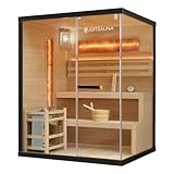 Artsauna Saunakabine Vantaa 150 mit Salzstein - Indoor Sauna 3 Personen - 4,5 kW Ofen, Glasfront,...