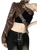 WEITING Gotische schwarze PU-Lederjacke für Damen, One-Shoulder-Halter, Schnalle, Hip-Hop-Outfits,...