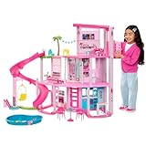 Barbie - Traumvilla, Poolparty Puppenhaus mit mehr als 75 Teilen und Rutsche über 3 Etagen,...