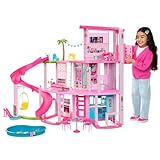 Barbie - Traumvilla, Poolparty Puppenhaus mit mehr als 75 Teilen und Rutsche über 3 Etagen,...