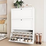 VOWNER Schuhschrank mit 3 Klappen, Schuhregal Schuhkipper Schmal, Schuhschrank Weiss, mit 9...