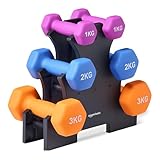 Amazon Basics Hantel-Set mit Neoprenbeschichtung, mit Hantelständer, 3 Stück (1 kg, 2 kg, 3 kg),...