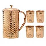 Wasserkrug und Trinkgläser aus reinem Kupfer, gehämmert, Set 4 (150 ml US-Flüssigkeit) – Nutzen...