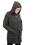 Aran Crafts Damen Irish Cable Knitted Wool Hooded Zip Coat (100% Merino Wool), Dunkelgrau, M