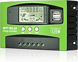 MPPT 60A Solar Laderegler 12V 24V Solarregler, MPPT Solarladeregler 60A mit Temperatursensor 2 USB...