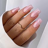 JUSTOTRY 24 Stück Weiß Swirl Eckig Nägel Zum Aufkleben Kurz,Pink French Press on Nails,Gestreift...