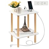 FORAOFUR Beistelltisch Holz, Beistelltisch klein mit Ladestation, Nachttisch klein, 2 Ebenen...