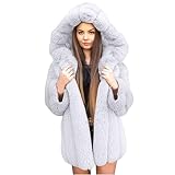 Damen Kunstpelz Mantel Mittellang Oversized Kunstfell Warme Mantel mit Kapuze Elegant FPelzmantel...
