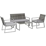 Outsunny Rattan-Gartenmöbel-Set, 4-teilig, 2 Einzel-Sofas, Sessel, 1 Bank mit Kissen und...