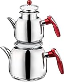Türkisches Teekannen-Set, Edelstahl, doppelte Teekannen für Herdplatte, Teebereiter mit Griff,...