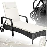 tectake Poly Rattan Gartenliege mit Rollen, 6-Fach höhenverstellbarer Liegestuhl, bis 120kg...