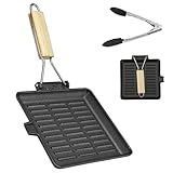 AWAOVV Steakpfanne Gusseisen,20x20cm Grillpfanne mit Klappbarem Holzgriff und...