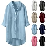 Leinenhemd für Damen, Langarm, Hemd, lang, große Größe, Bluse mit Tasche und Knopf, Blusen,...