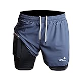 Herren Laufshorts 2 in 1 Shorts Gym Athletic Shorts Outdoor Marathon Workout Trainingsshorts Grau L