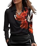 CORIRESHA Damen Elegant Wasserfallkragen Satin Bluse Langarm Büro Arbeit Hemd Seide Top, Schwarze...