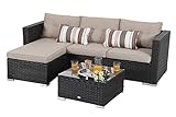 PHI VILLA Rattan Sofa Gartenmöbel Set Sitzgruppe Polyrattan mit Glastisch für Lounge 3-teilig
