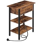 HOOBRO Beistelltisch, Flip-Top Sofatisch mit Ladestation und Ablagefläche, Schmaler Nachttisch für...