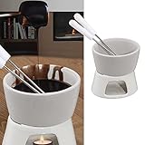 Cepewa 1 x Keramik Schokofondue Set Fondue-Set Schokolandenfondue weiß inkl. 2 Edelstahlgabeln (1 x...
