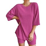 schlafanzug teenager mädchen, Schlafanzug Damen Kurz 2 Stück Strickanzug Kurzehose Tshirt...