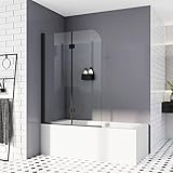 Duschwand für Badewanne 120 x 140 cm Schwarz Duschabtrennung Sicherheitsglas Faltwand für...