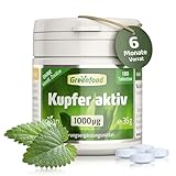 Kupfer aktiv Tabletten, hochdosiert, 1000µg - 180 Tabletten, vegan. Kupferbisglycinat - für Haut &...