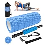Faszienrolle, Qveetry 6 in 1 Foam Roller Faszienrolle Set mit Massageroller Stab, Widerstandsbänder...