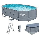 Summer Waves Frame Pool Komplettset | Oval 488x305x107 cm Grau | Aufstellpool Set | Gartenpool &...