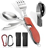 2 Stück Campingbesteck 4 in 1 Set, Klappbesteck 4 in 1 aus Edelstahl, Outdoor Campingbesteck Set...