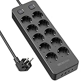 Mehrfachsteckdose mit 2 USB-A and 2 USB-C (20W PD), 10 Fach Steckdosenleiste mit Einzeln Schalter,...