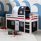 Homestyle4u Kinderhochbett Pirat weiß schwarz 90 x 200 cm Holz Kinderbett mit Leiter Tunnel...