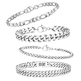 KERANEET 4 Stück Armband Herren Silber Edelstahl Armband Herren Männer Armbands Silber Arm-band...