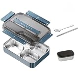 SageFurned Edelstahl Brotdose mit 4 Fächern, Suppenbehälter und Utensilien für Erwachsene, Blau