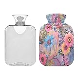 SKYSHU Wärmflasche mit bunten Blumen, transparent, auslaufsicher, waschbar, hitzebeständig, mit...
