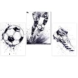 KQDRAVINE 3er Poster Fussball Bilder Schwarz Weiß die Farbe Bläulich Erscheinen Leinwand Kunst...