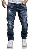 REPUBLIX Herren Jeans Regular Straight Fit Denim Hose Destroyed R7998 Dunkelblau W40/L32