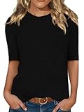 Minetom Damen Halbarm T-Shirt Rundhals Sommer Tshirt Leichte Einfarbig Oberteil Basic Tops A Schwarz...