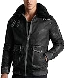 Crone Talvi Shearling Herren Lederjacke Echtleder Bomberjacke mit Lammfellkragen (M, Buffed Black)