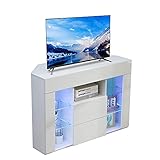 Dripex TV Lowboard Eckschrank mit LED Beleuchtung Weiß Hochglanz Fernsehschrank Eckkommode...